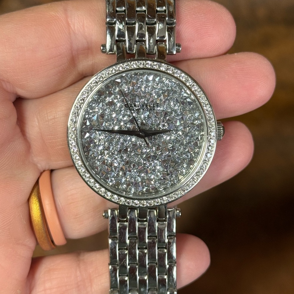 Caravelle Silver Watch W/ Glitter & Rhinestones